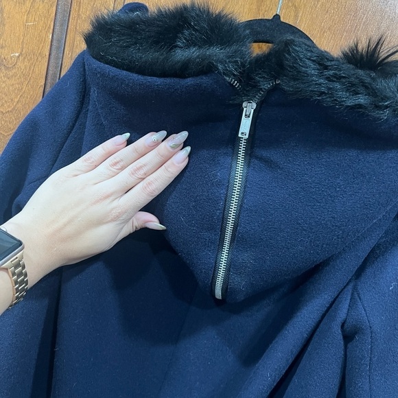 Club Monaco Navy Blue Lamb Fur Hooded Wool Coat Small - Picture 7 of 9